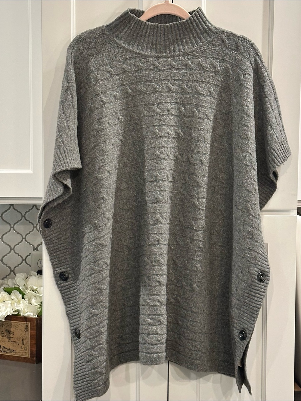 Gray Cable Knit Poncho Sweater - Women